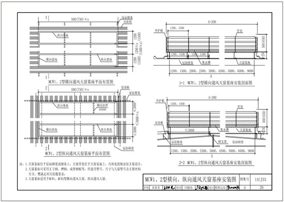 11cj33MCW1、2型横向、纵向通风天窗基座安装图