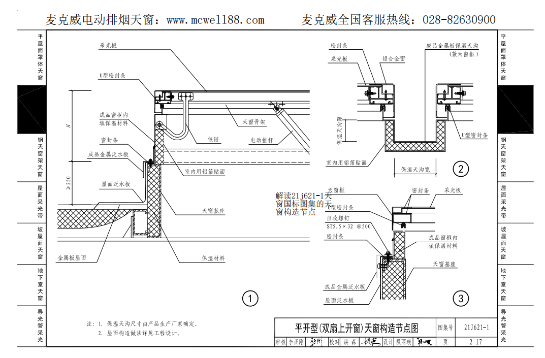 平开型(双扇上开窗)天窗构造节点图