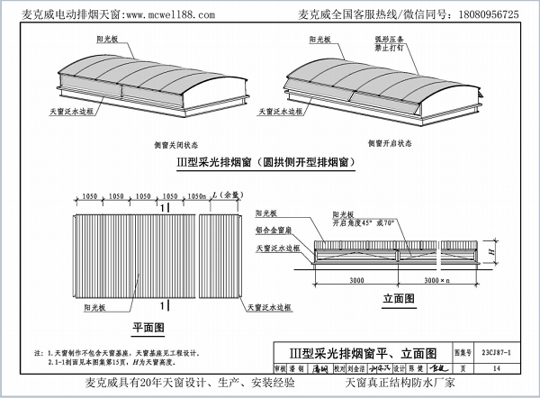23CJ87-1采光、通风、消防排烟天窗（一）中III型侧开式圆拱型电动采光排烟天窗
